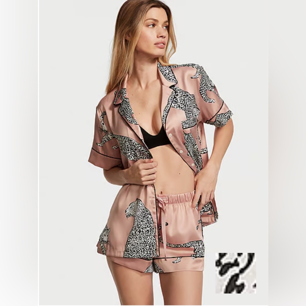 Victoria's Secret Satin Short Pajama Set Evening Blush Leopards XXL